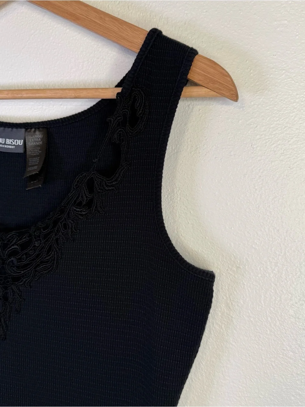 Bisou Bisou Women's Vintage Y2K Black Ribbed Knit Fitted Boho Tank Top Size XL - Picture 8 of 16